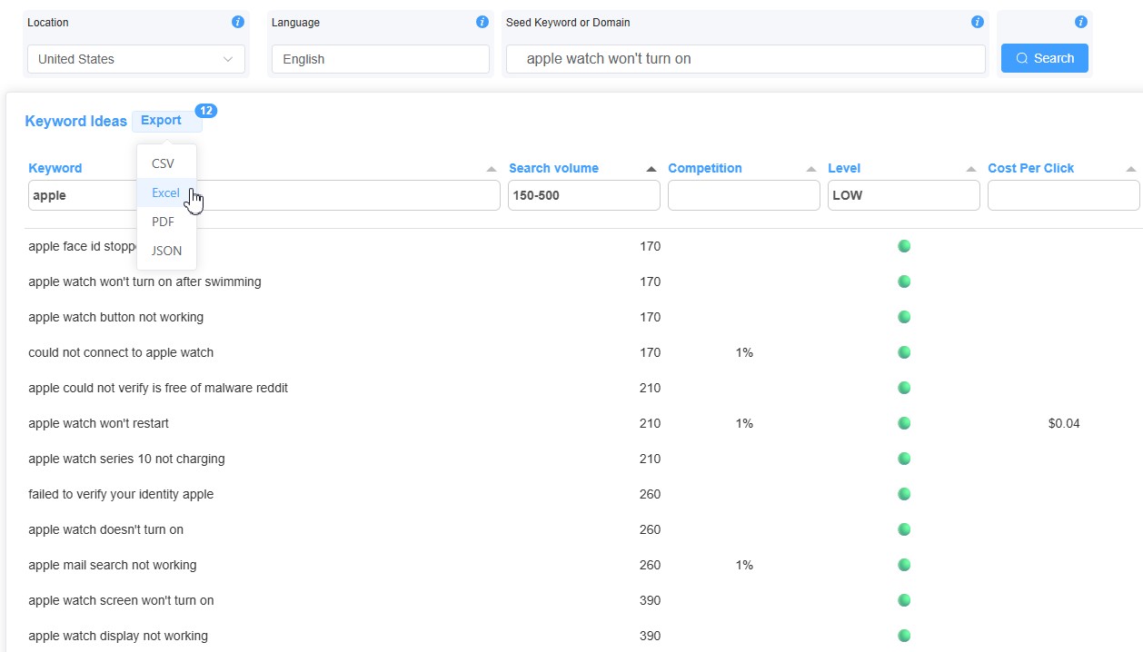 Keyword ideas and filters in the seo keywords search tool